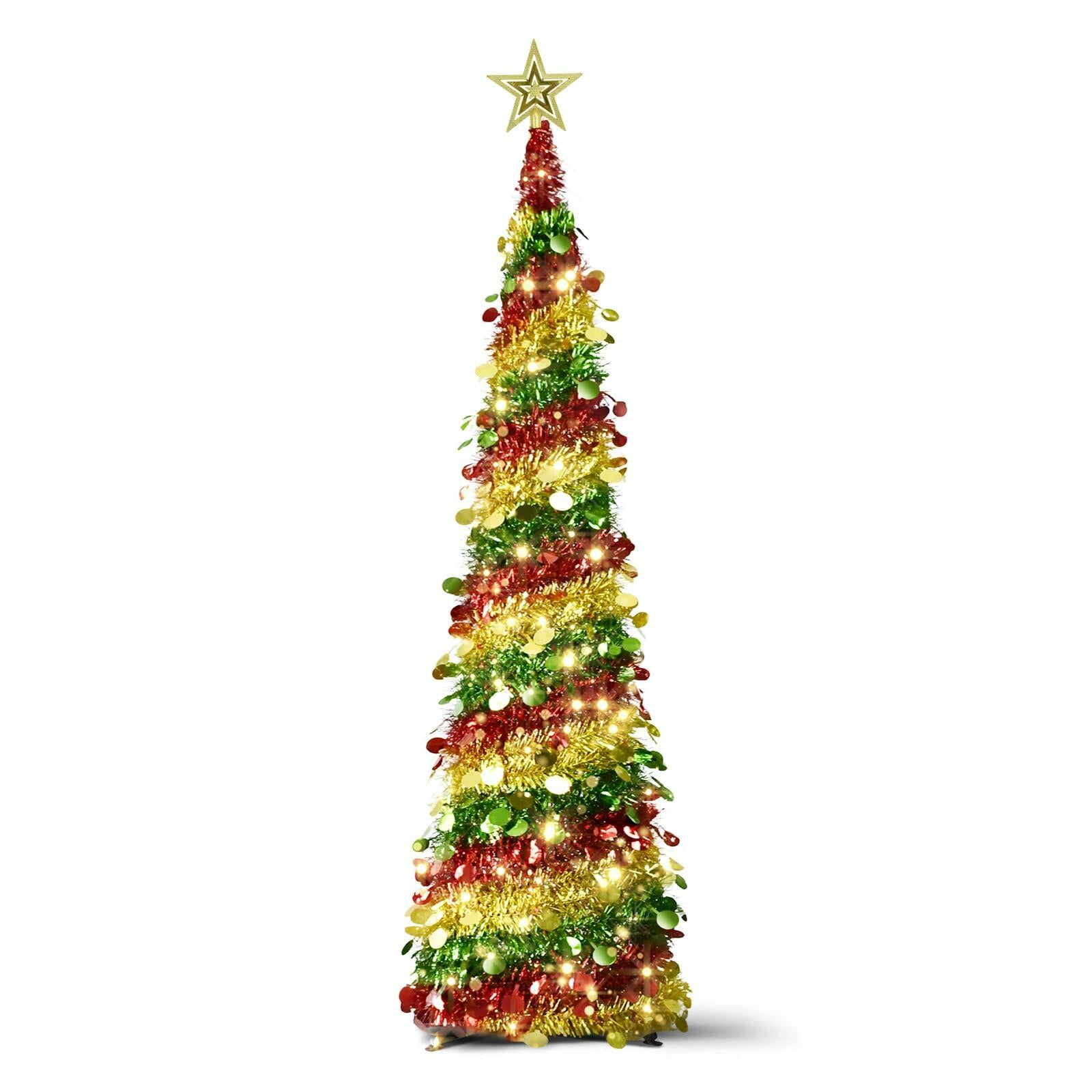 Miracleart 5FT Pop Up Christmas Tree LED Lights Tree Topper Red Green Gold US2ft