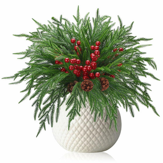 Riceshoot 12 Pcs Norfolk Pine Branches with Red Berries Pine Cones 17.7" Green