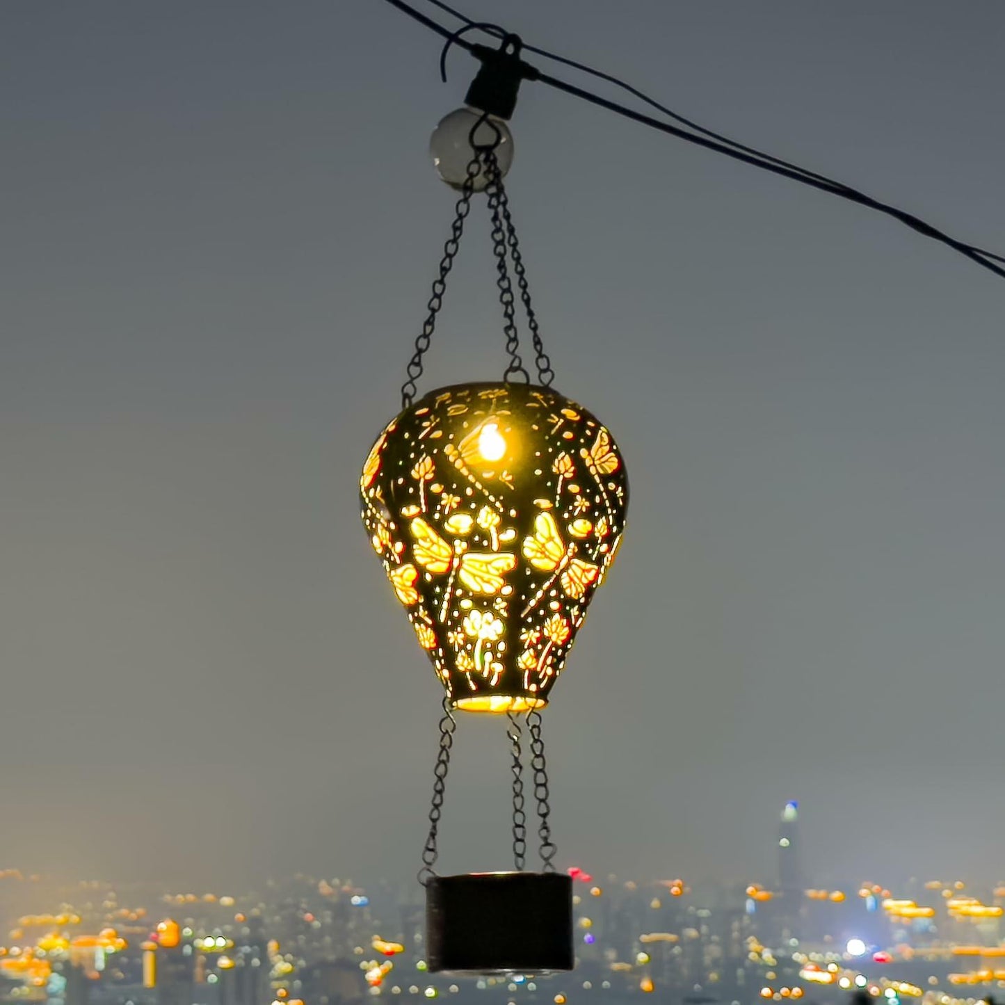 [Like New] Dragonfly Decor Hot Air Balloon Solar Lantern Outdoor Hanging Garden Light