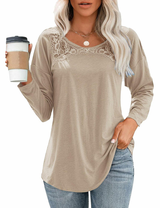 Uincloset Women's Long Sleeve Lace Crochet Tunic Blouse Khaki Size XX-Large