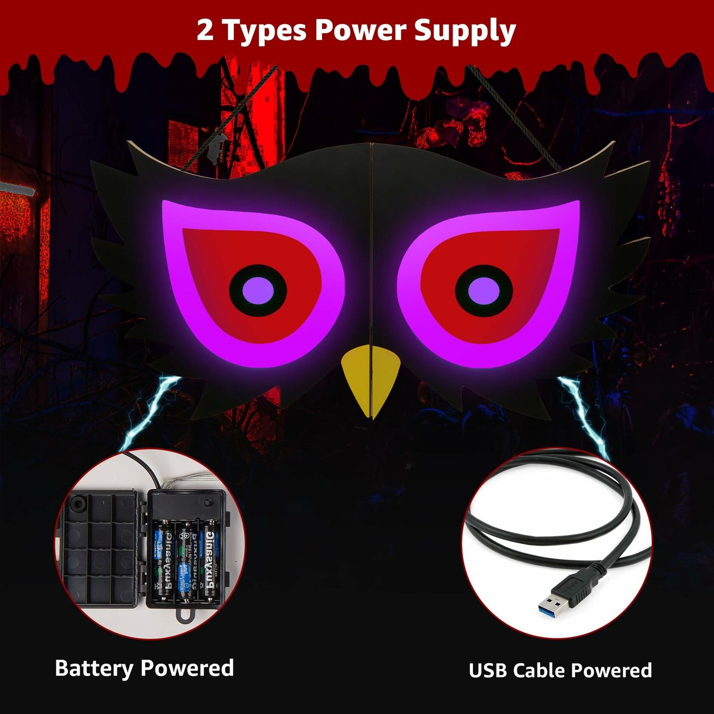 [Like New] BlcTec Halloween Spooky Eyes Lights 23.6in 7 Color Modes USB Battery Style C