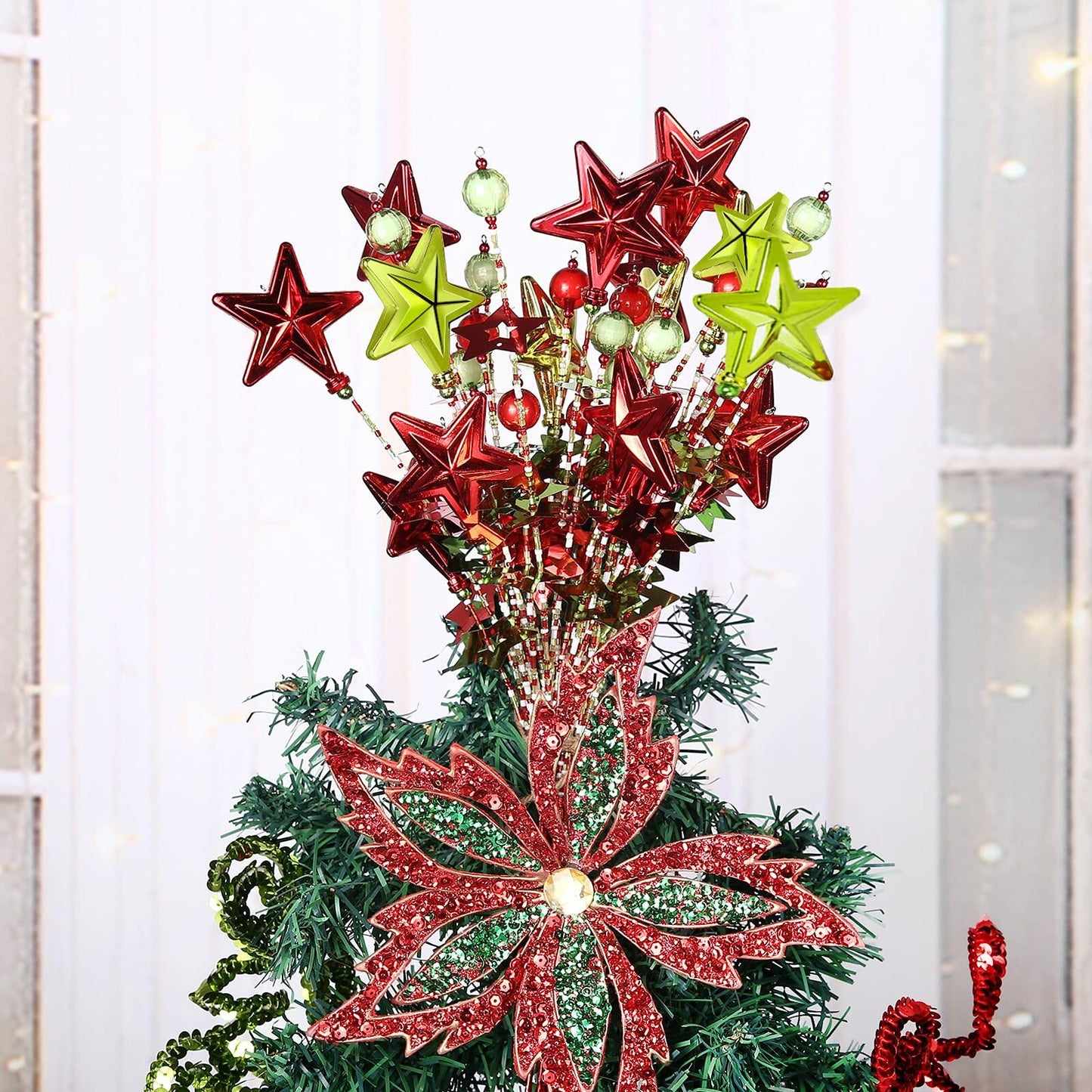 17" Red Green White Christmas Tree Topper Star Beads Sequin Decor