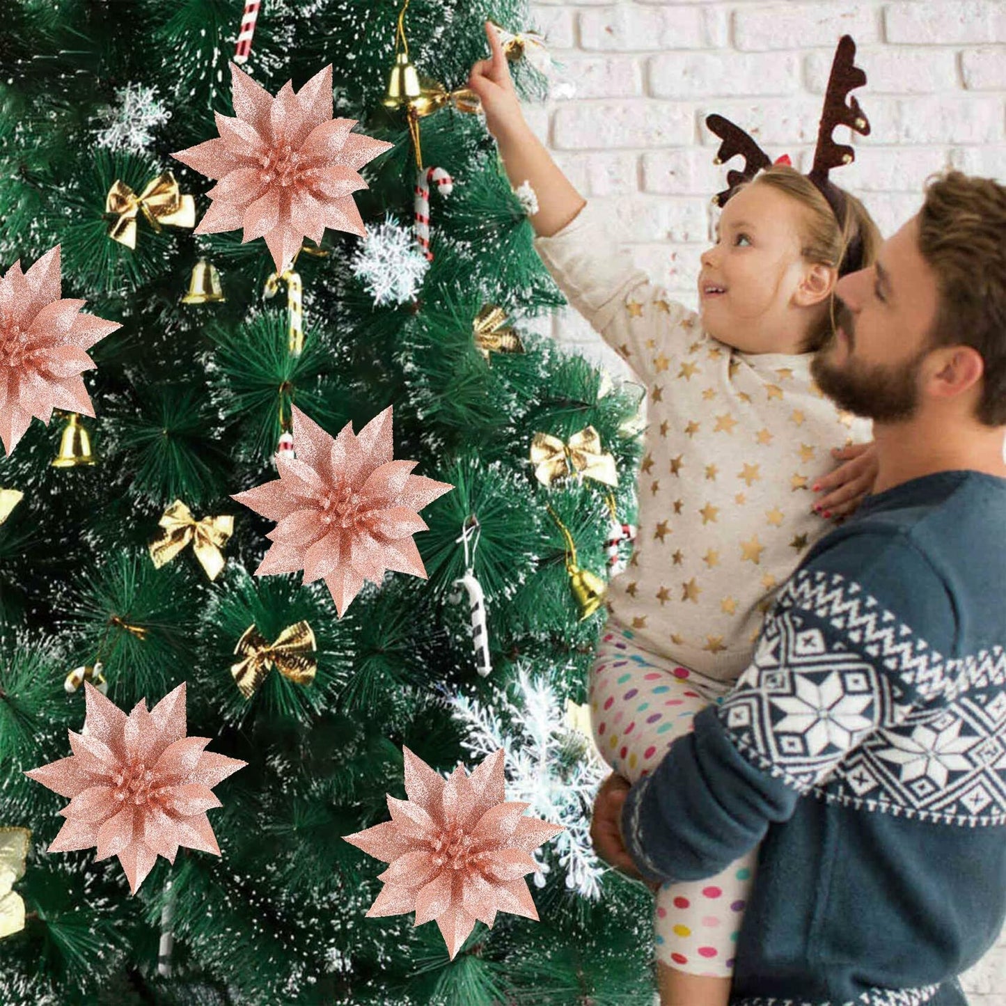 [Like_new] YOSICHY 12 Pcs Artificial Christmas Flowers Deep Champagne with Clips Stems