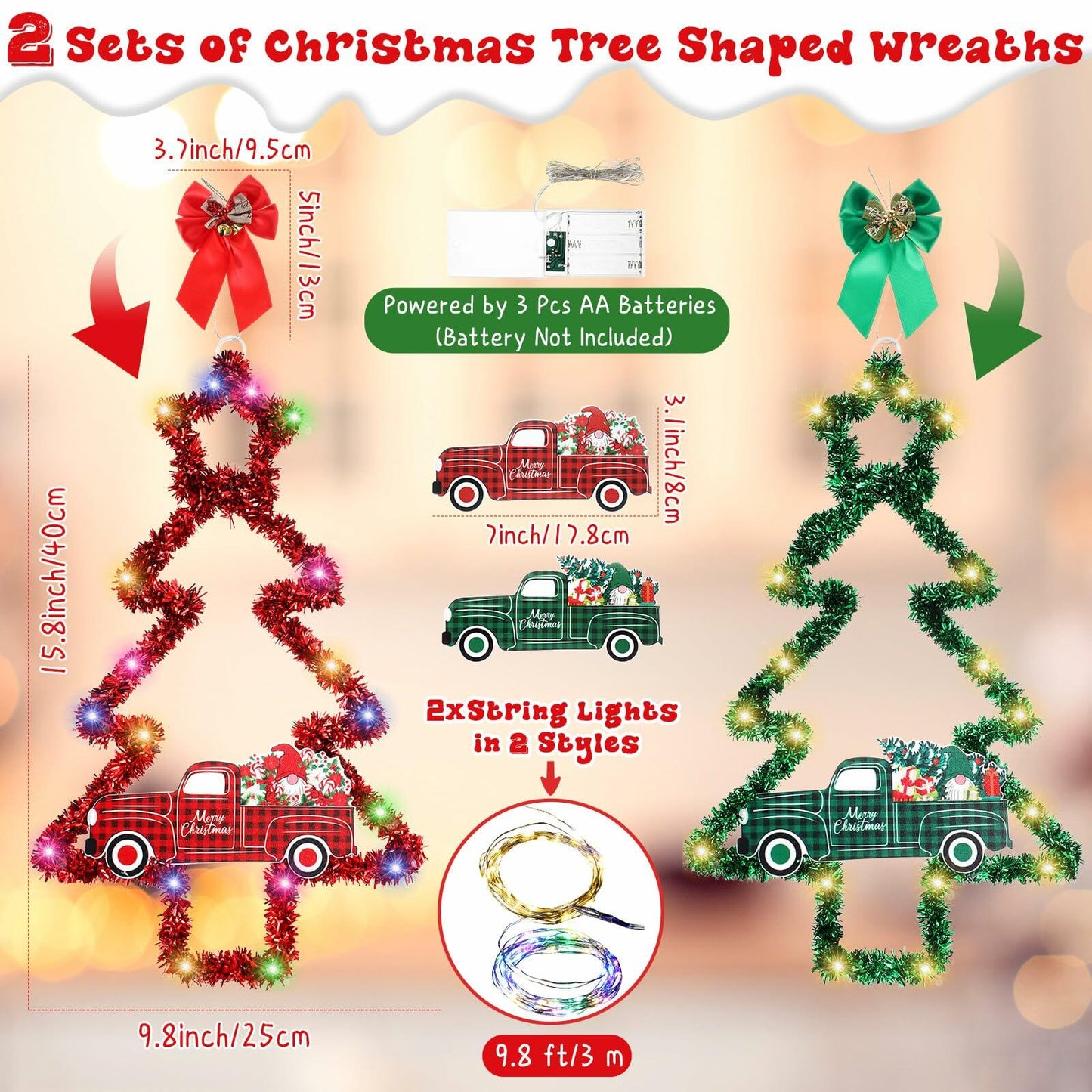 Liliful 2 Pcs LED Christmas Tree Lights with Red Green Tinsel Xmas Decor