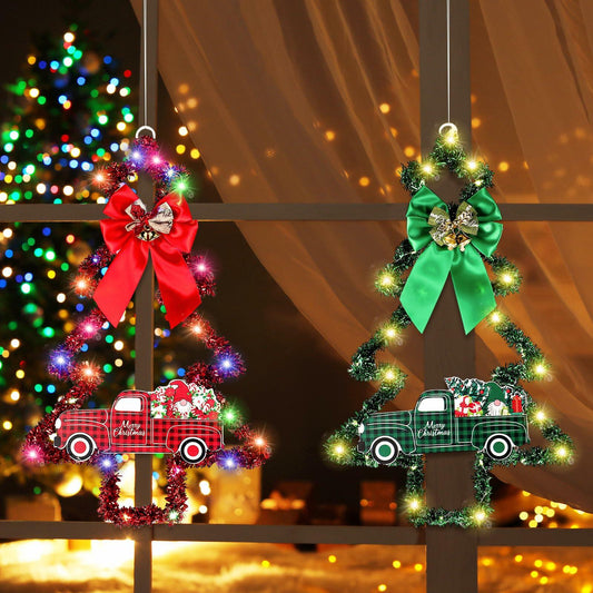 Liliful 2 Pcs LED Christmas Tree Lights with Red Green Tinsel Xmas Decor