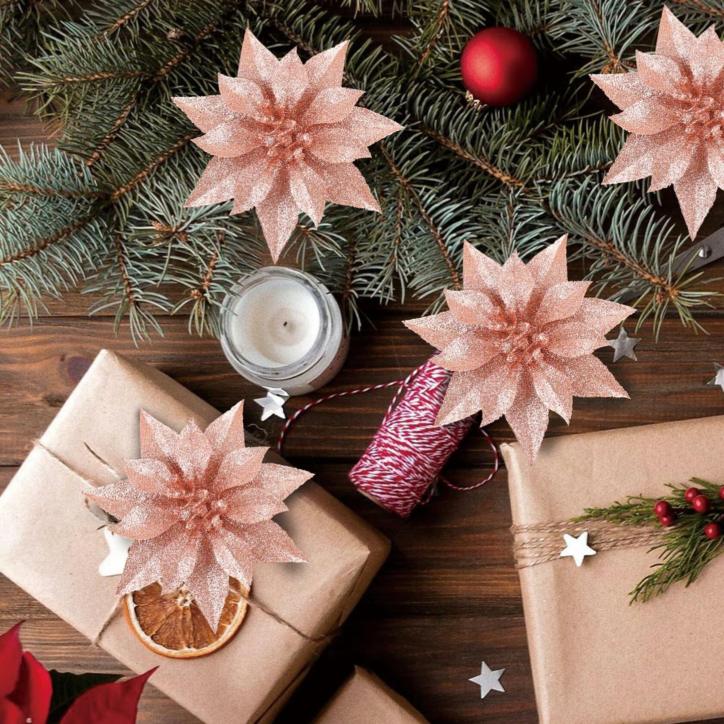 [Like_new] YOSICHY 12 Pcs Artificial Christmas Flowers Deep Champagne with Clips Stems