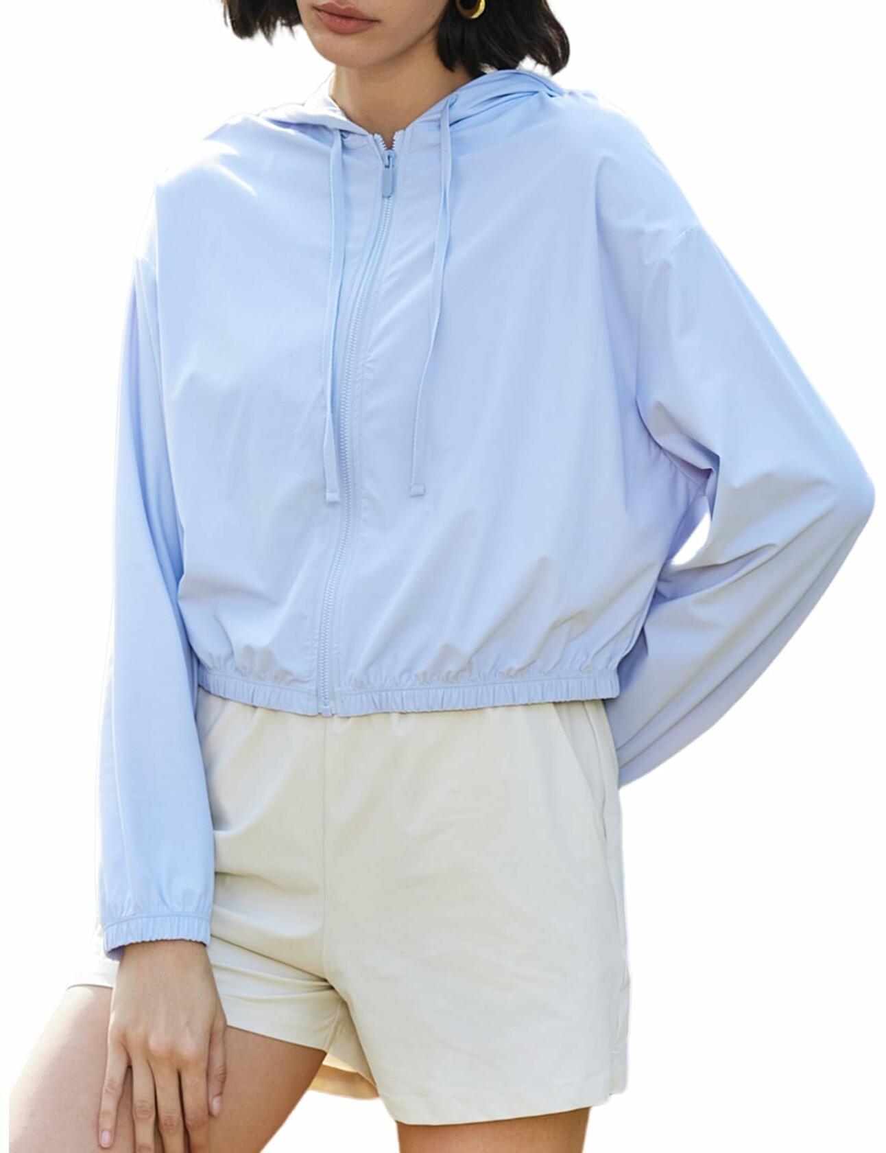 Flygo Women's UPF 50+ Cropped Athletic Zip Hoodie Jacket Blue Size XL