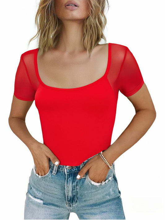 CRIPOM Red Mesh Square Neck Lace Bodysuit Women's Size S
