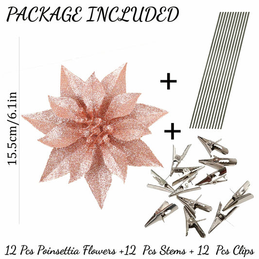 [Like New] YOSICHY 12 Pcs Artificial Christmas Flowers Deep Champagne with Clips Stems