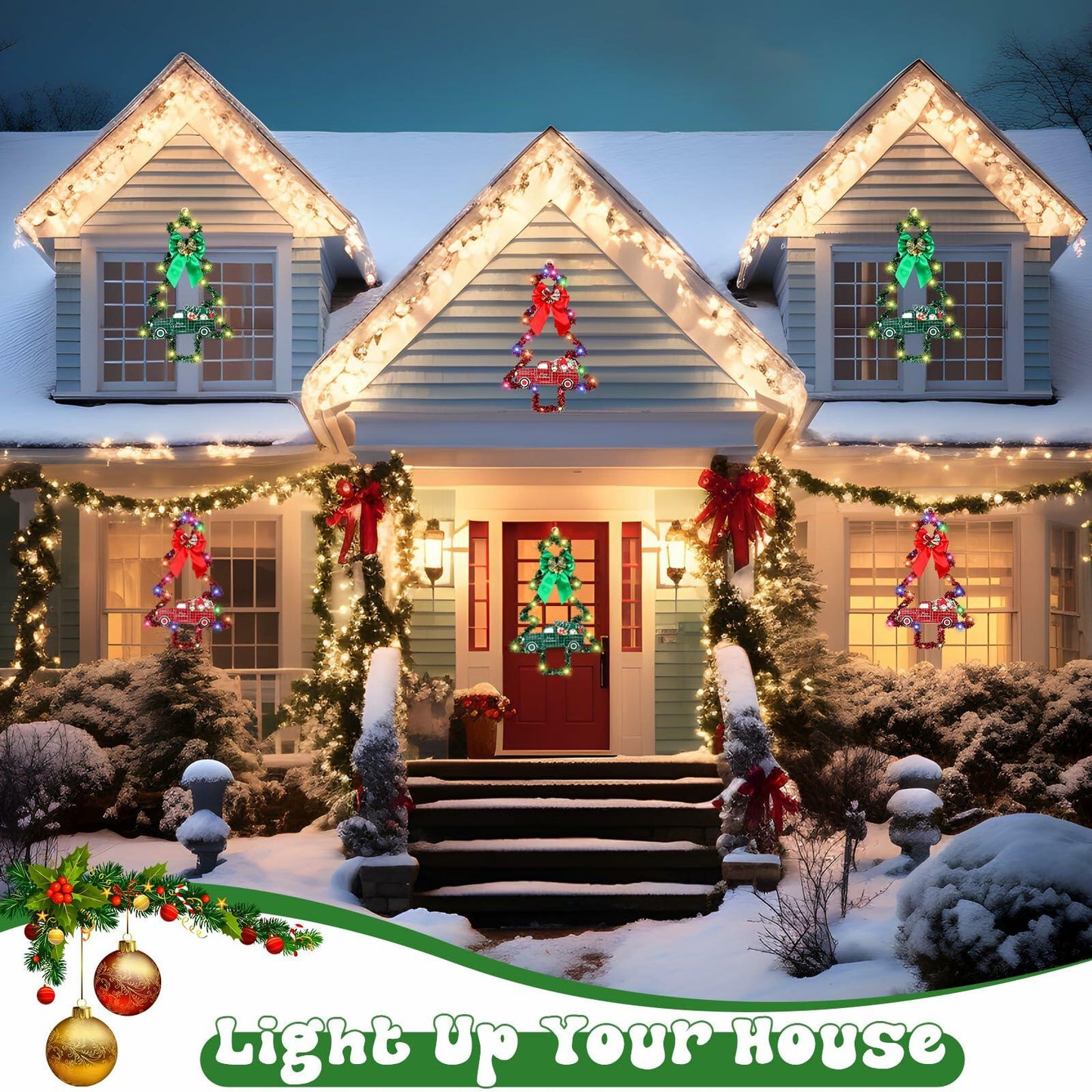 Liliful 2 Pcs LED Christmas Tree Lights with Red Green Tinsel Xmas Decor