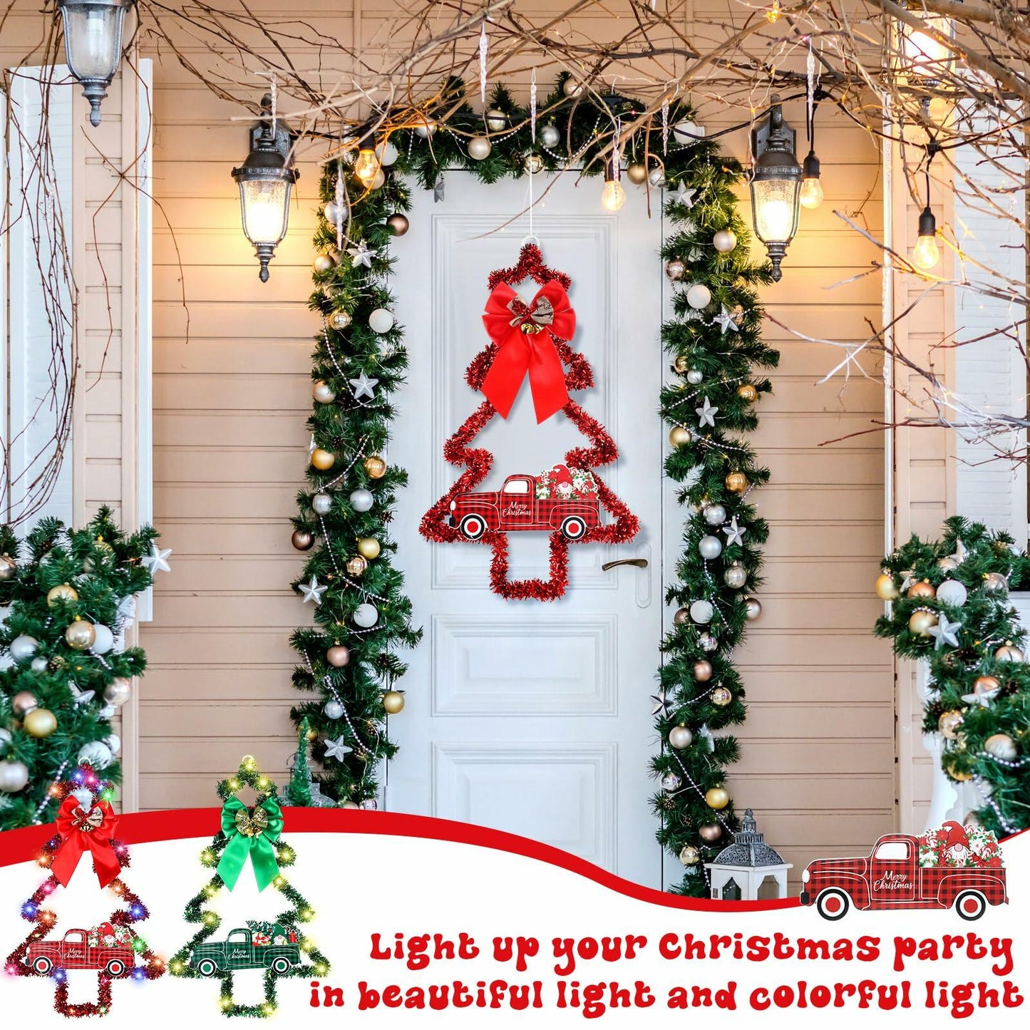 Liliful 2 Pcs LED Christmas Tree Lights with Red Green Tinsel Xmas Decor