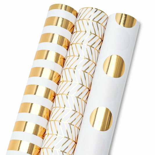 Koogel Wrapping Paper Roll 3 PCS Gold White 17x120 Inch Party Wedding