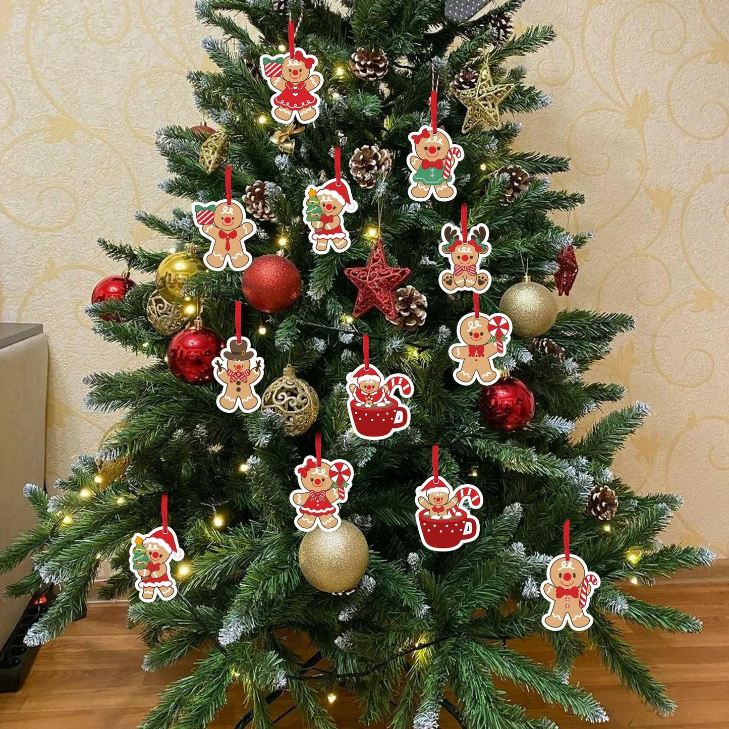 12Pcs Gingerbread Man Christmas Ornaments Tree Decorations with Ropes