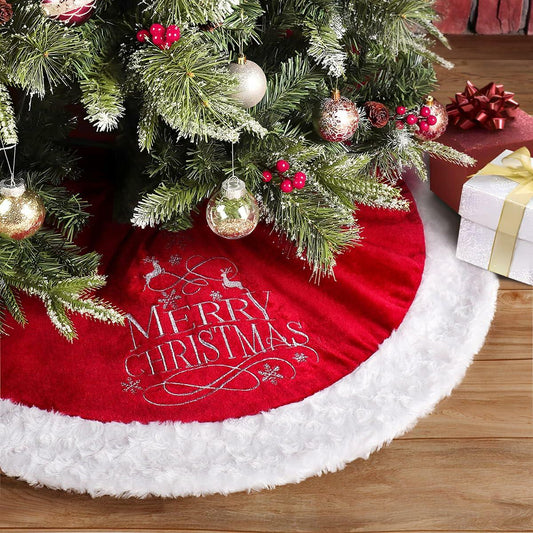 USILAND Christmas Tree Skirt Brown Velvet Snowflakes Embroidery 32in