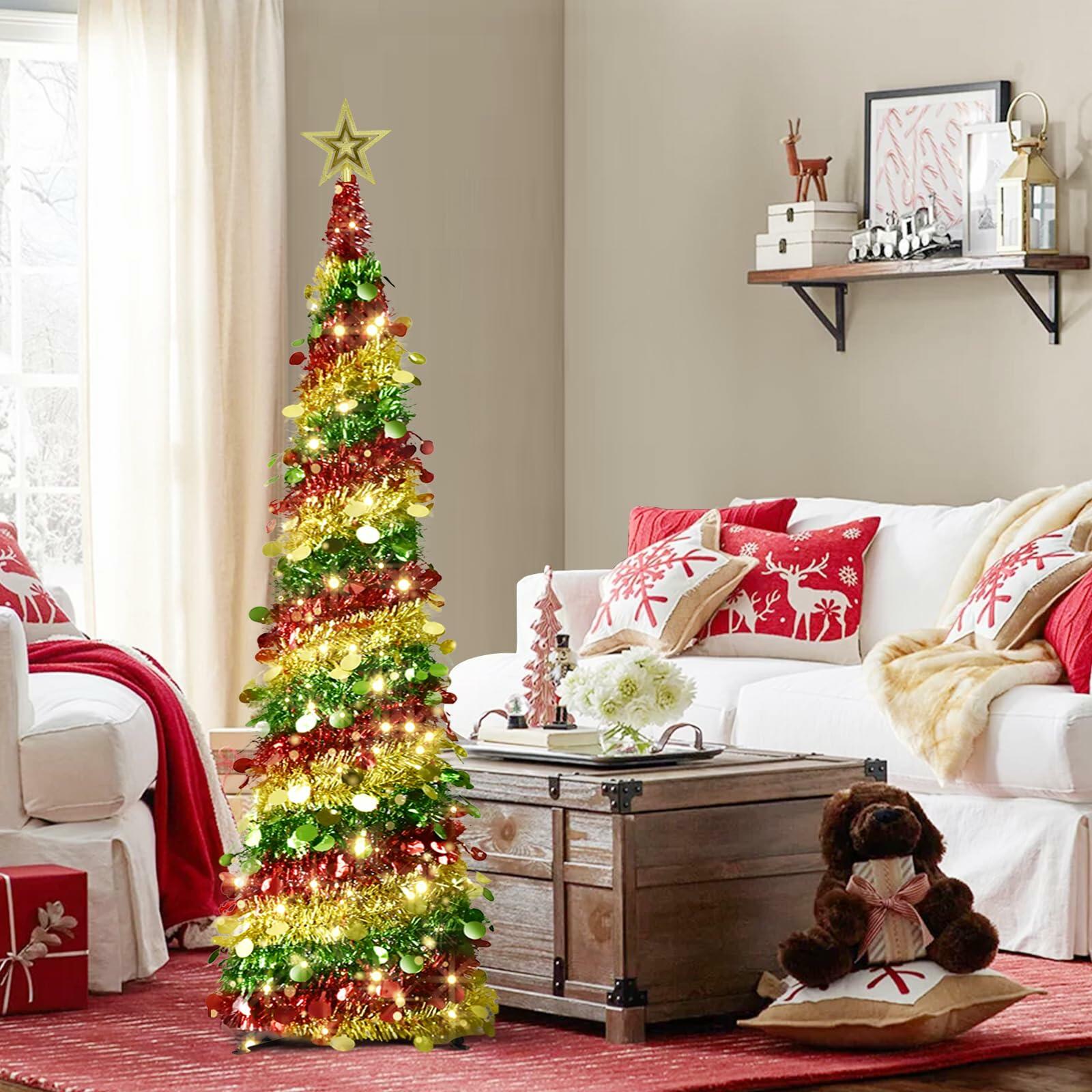 Miracleart 5FT Pop Up Christmas Tree LED Lights Tree Topper Red Green Gold US2ft