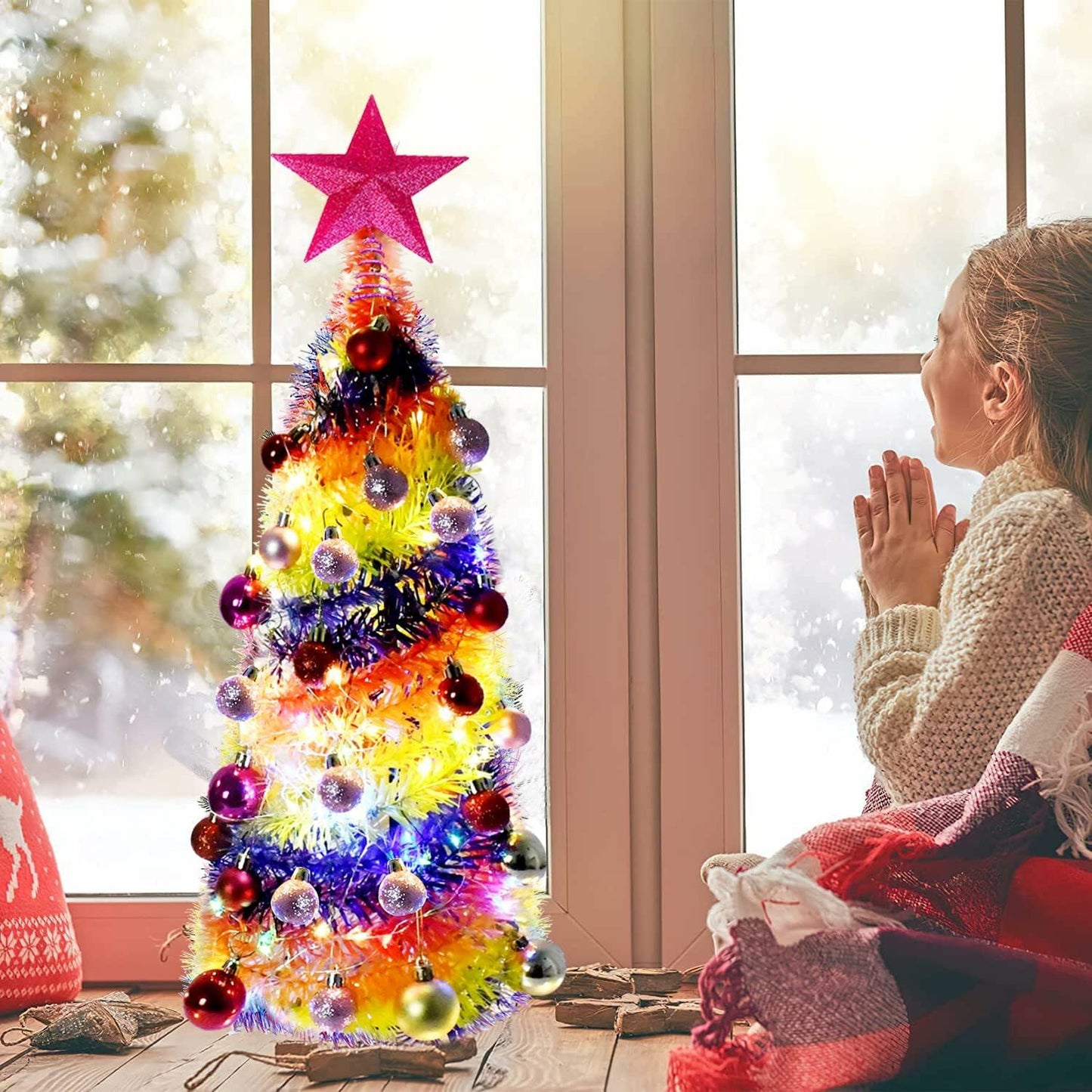 [Like_new] 5FT Pop Up Christmas Tree LED Lights Tree Topper Collapsible Snowflakes