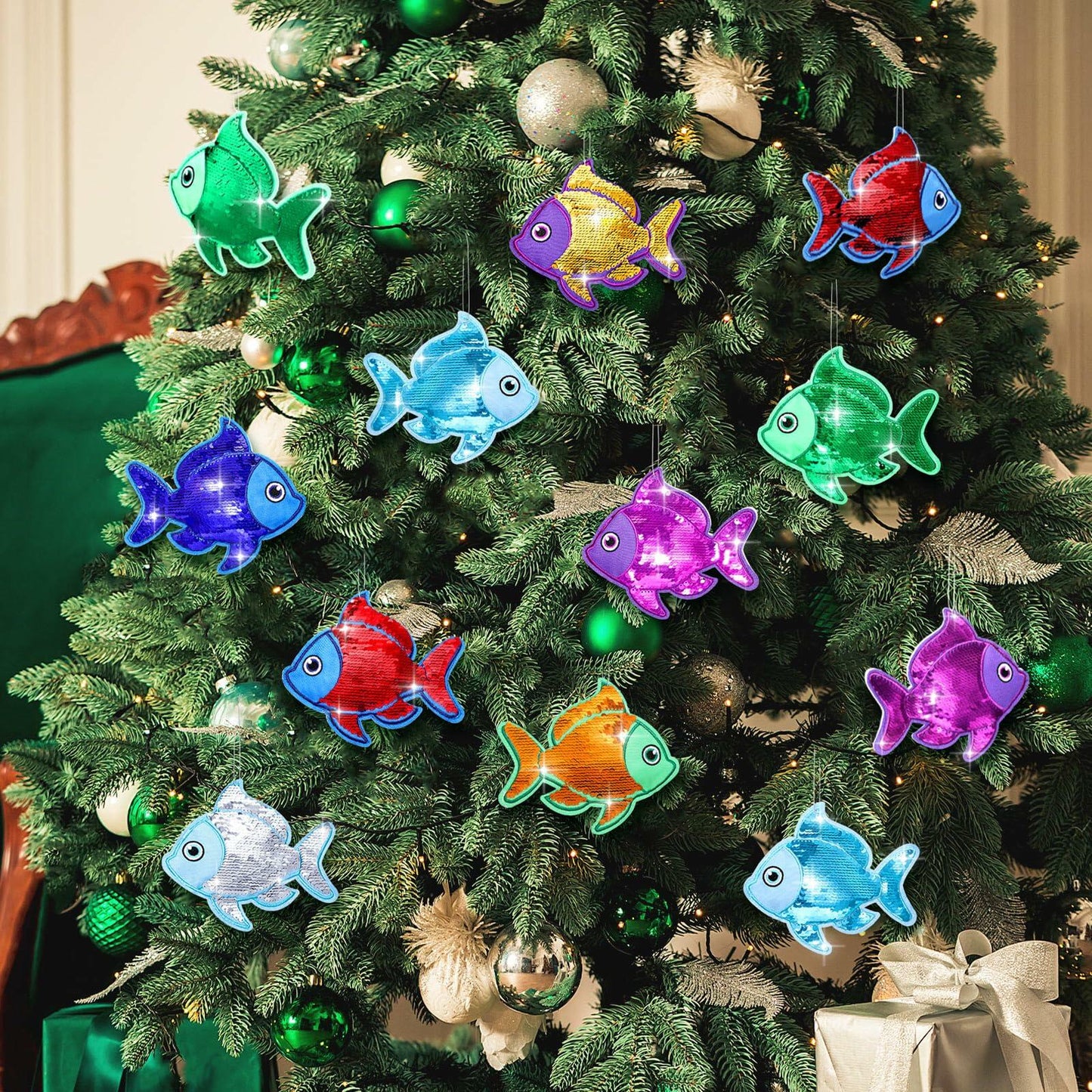 Suzile Christmas Fishing Ornaments 4 Pc Large Glitter Fish Coastal Blue
