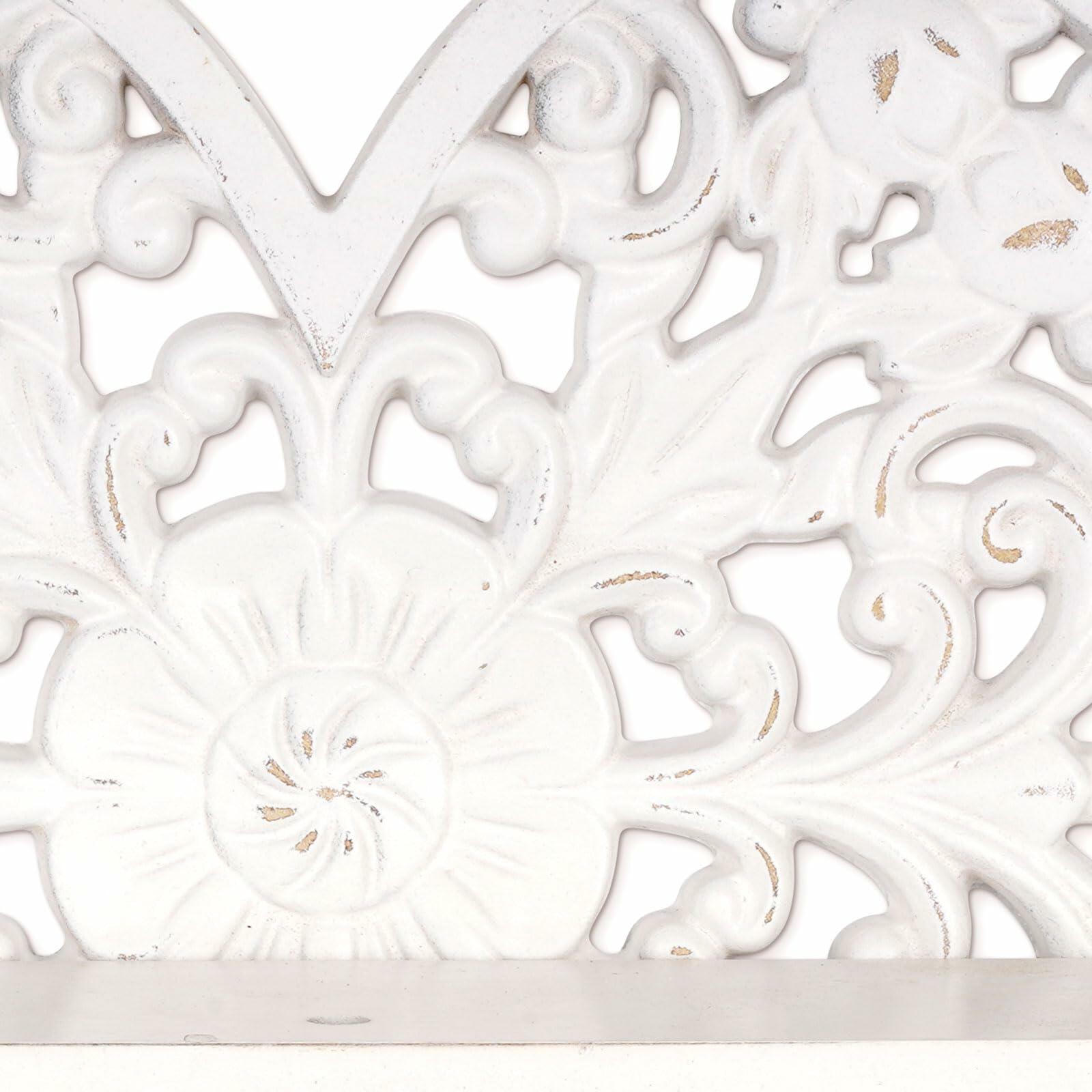 Multipurpose Floating Wall Shelf with Key Hooks Heart-Shaped 12" Vintage White