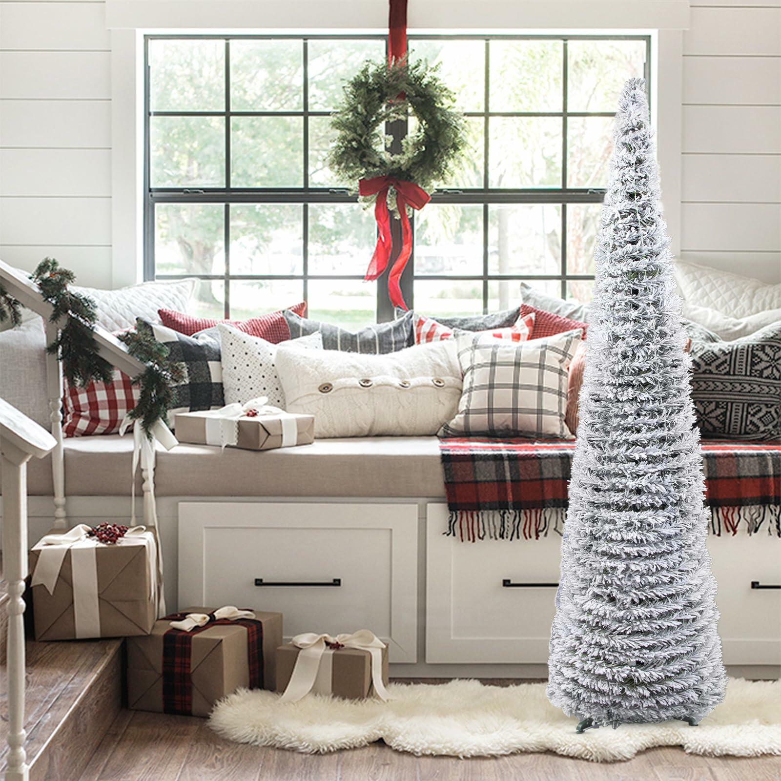 Joyyy Snow Flocked Christmas Tree 5ft White Artificial Pencil Tree