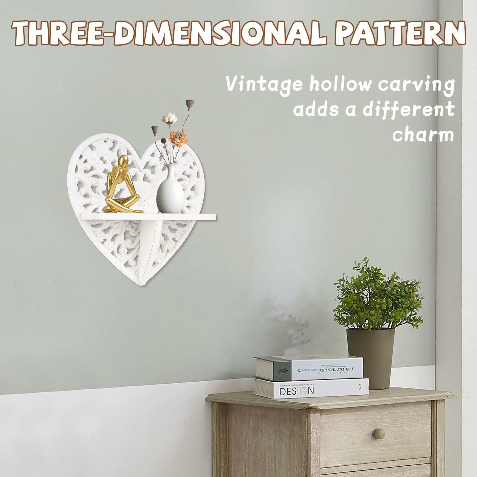 Multipurpose Floating Wall Shelf with Key Hooks Heart-Shaped 12" Vintage White