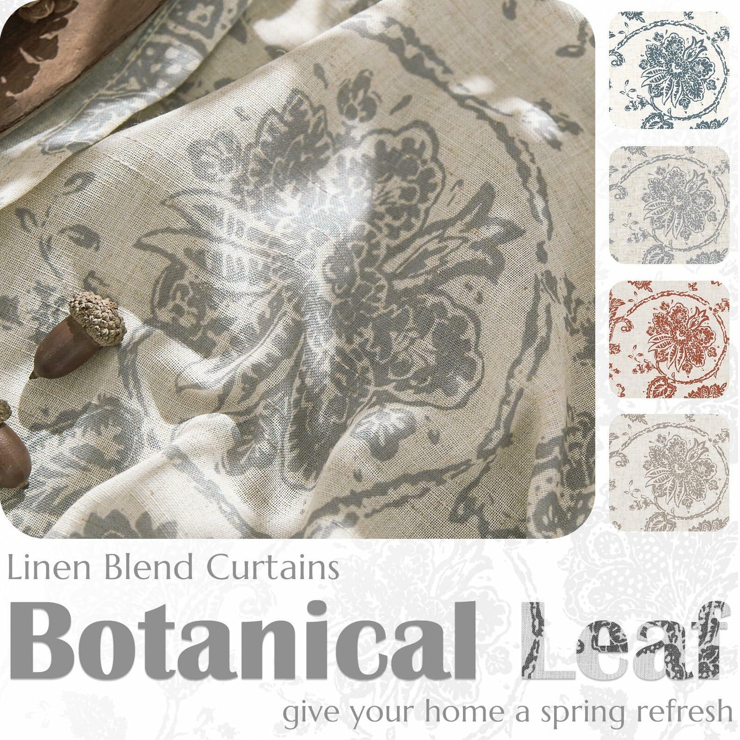 [Like New] jinchan Linen Curtains Gray Floral Paisley 63in Length 2 Panels