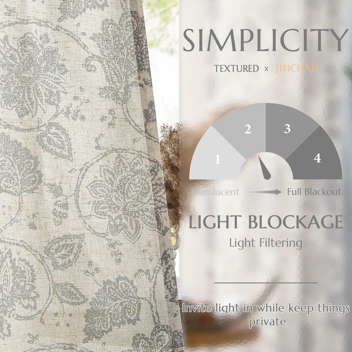 [Like New] jinchan Linen Curtains Gray Floral Paisley 63in Length 2 Panels