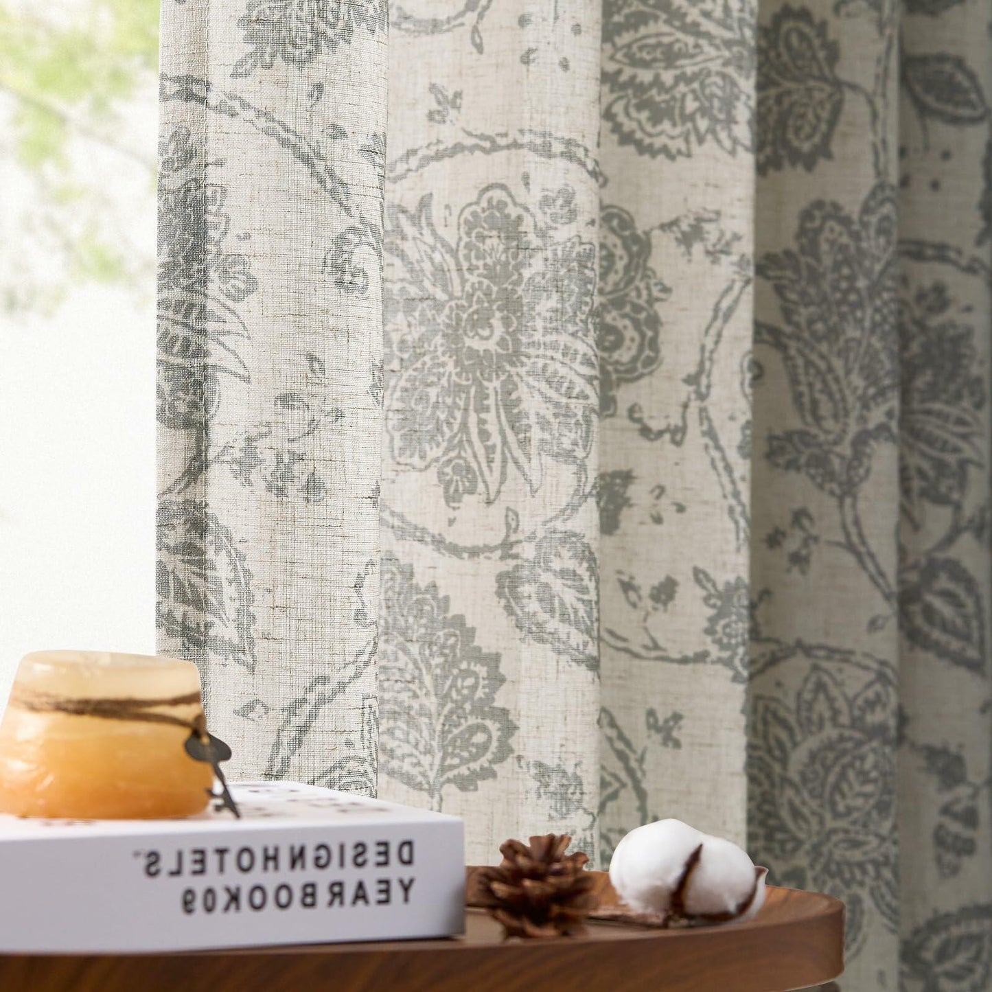 [Like New] jinchan Linen Curtains Gray Floral Paisley 63in Length 2 Panels