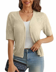 VOIANLIMO Women's Cropped V-Neck Button Down Cardigan Sweater Apricot Size S