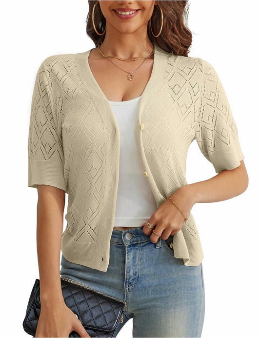 VOIANLIMO Women's Cropped V-Neck Button Down Cardigan Sweater Apricot Size S