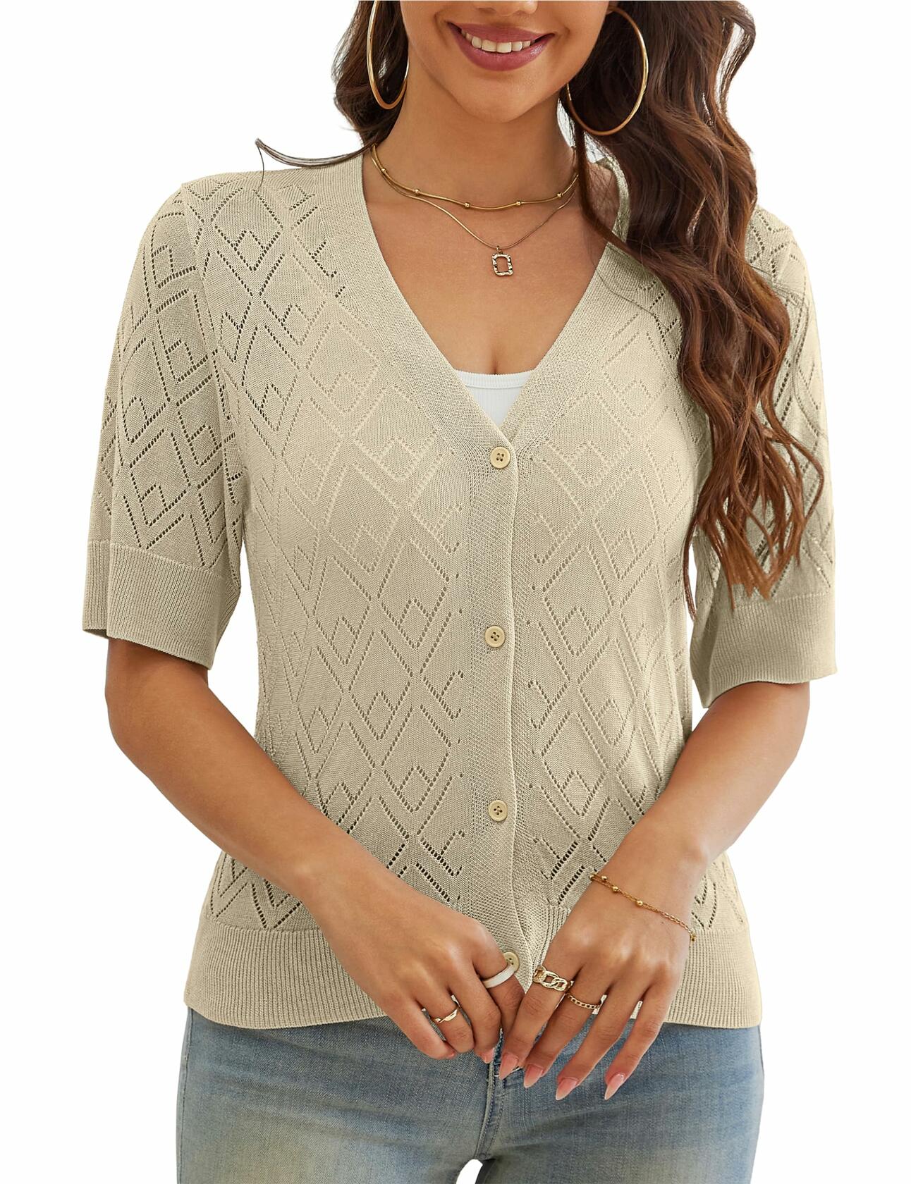 VOIANLIMO Women's Cropped V-Neck Button Down Cardigan Sweater Apricot Size S