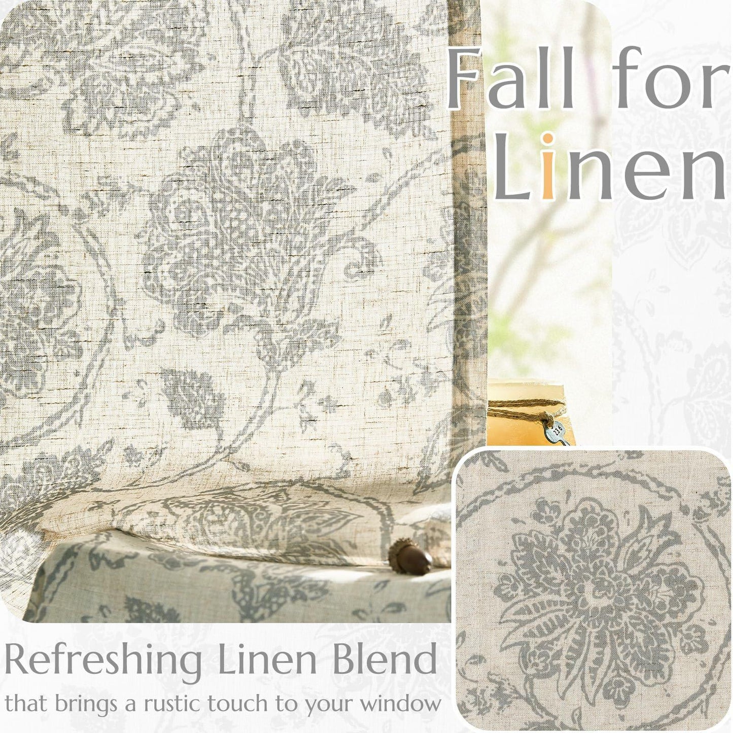 [Like_new] jinchan Linen Curtains Gray Floral Paisley 63in Length 2 Panels