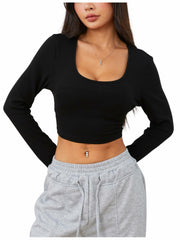 Verdusa Women's Square Neck Slim Fitted Crop Top Long Sleeve Black XS Size XS