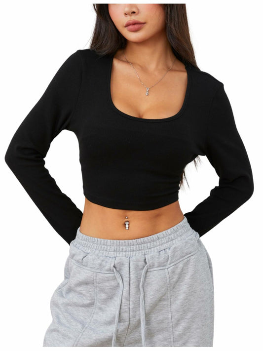 Verdusa Women's Square Neck Slim Fitted Crop Top Long Sleeve Black XS Size XS