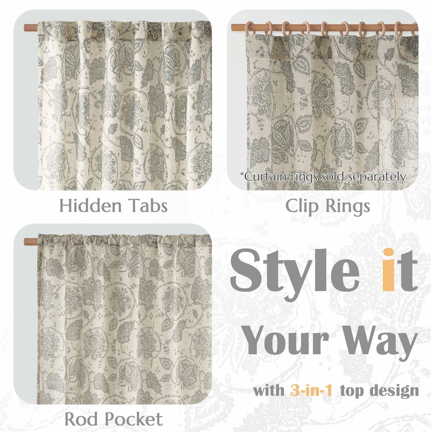 [Like_new] jinchan Linen Curtains Gray Floral Paisley 63in Length 2 Panels