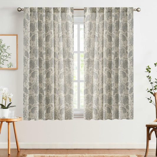 [Like New] jinchan Linen Curtains Gray Floral Paisley 63in Length 2 Panels