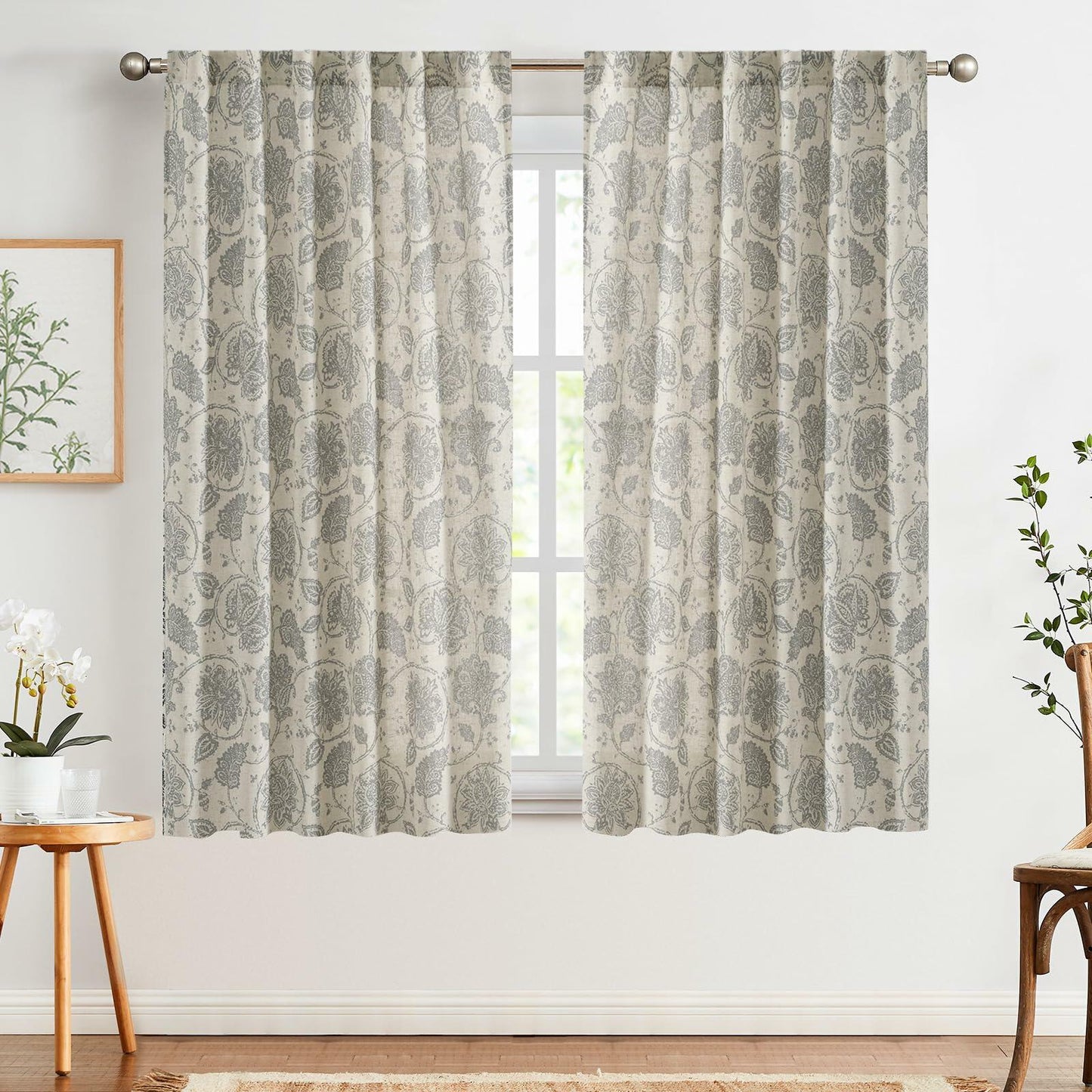 [Like New] jinchan Linen Curtains Gray Floral Paisley 63in Length 2 Panels
