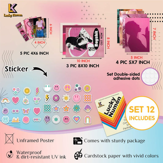 Lucky Numen Y2K Pink Posters 12PCS Teen Girls Bedroom Room Decor Unframed