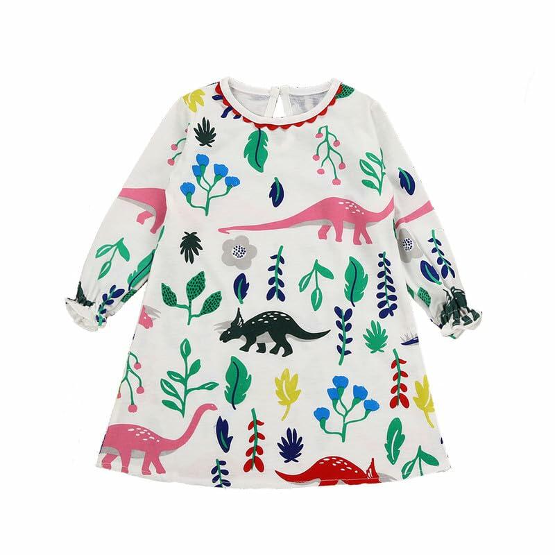 Dorhaeris Girls Cotton Long Sleeve Dinosaur A-line Crewneck Dress Size 2T