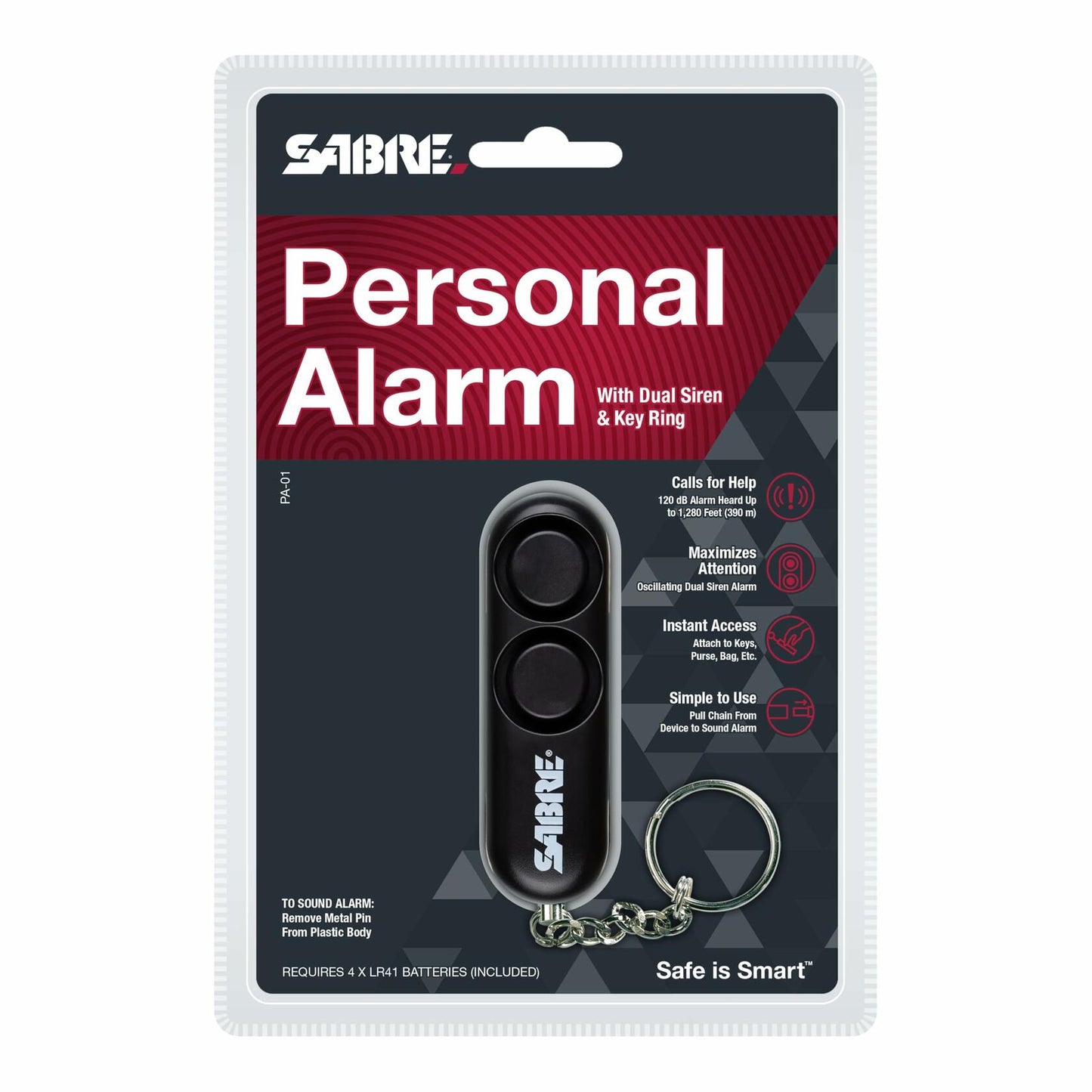 SABRE Personal Alarm 120dB Key Ring Reusable Black Pocket Alarm