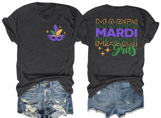 Mardi Gras Shirts Women Short Sleeve Casual T-Shirt Mask Carnival Size XL