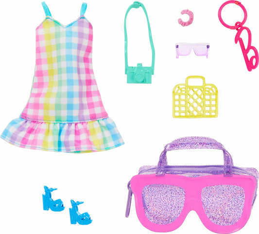 Barbie Deluxe Sunglasses Bag & Multicolor Gingham Dress Doll Clothes