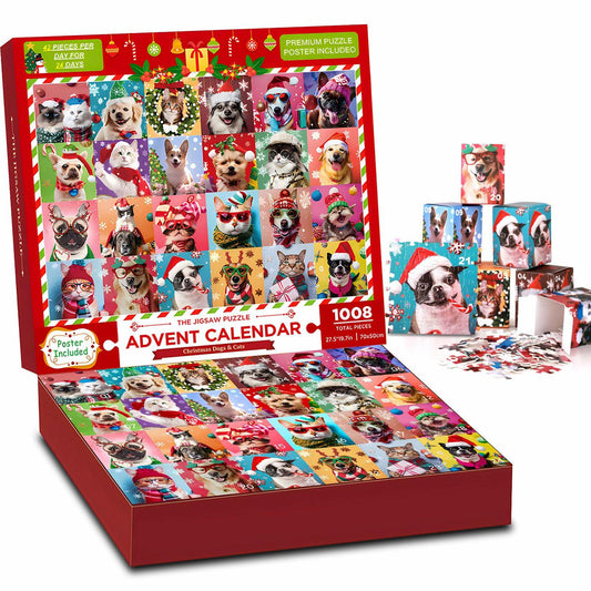 SIXVALA Advent Calendar 2024 Christmas Dogs & Cats Jigsaw Puzzle 1008pcs