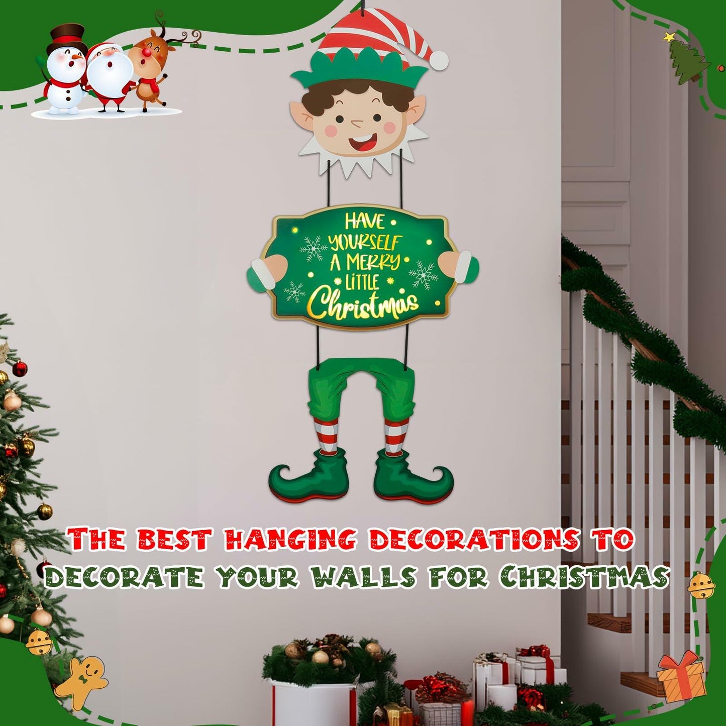 Elf Boys Hanging Sign with Lights Wooden Christmas Decor Indoor Outdoor