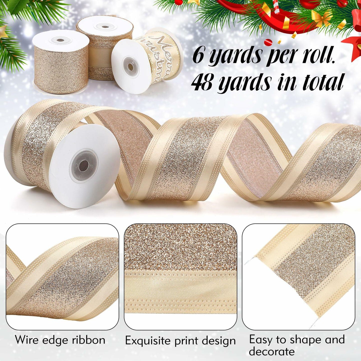 HunnmingRe Gold Wired Christmas Ribbon 2.5in 8 Rolls 48 Yards Xmas Decor