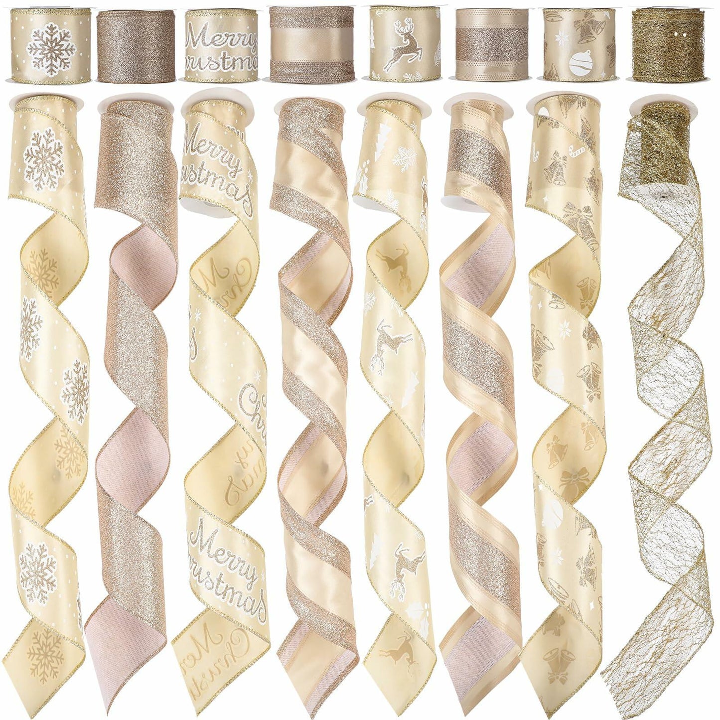 HunnmingRe Gold Wired Christmas Ribbon 2.5in 8 Rolls 48 Yards Xmas Decor