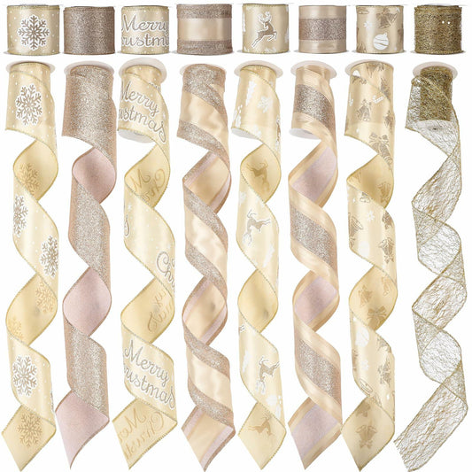 HunnmingRe Gold Wired Christmas Ribbon 2.5in 8 Rolls 48 Yards Xmas Decor