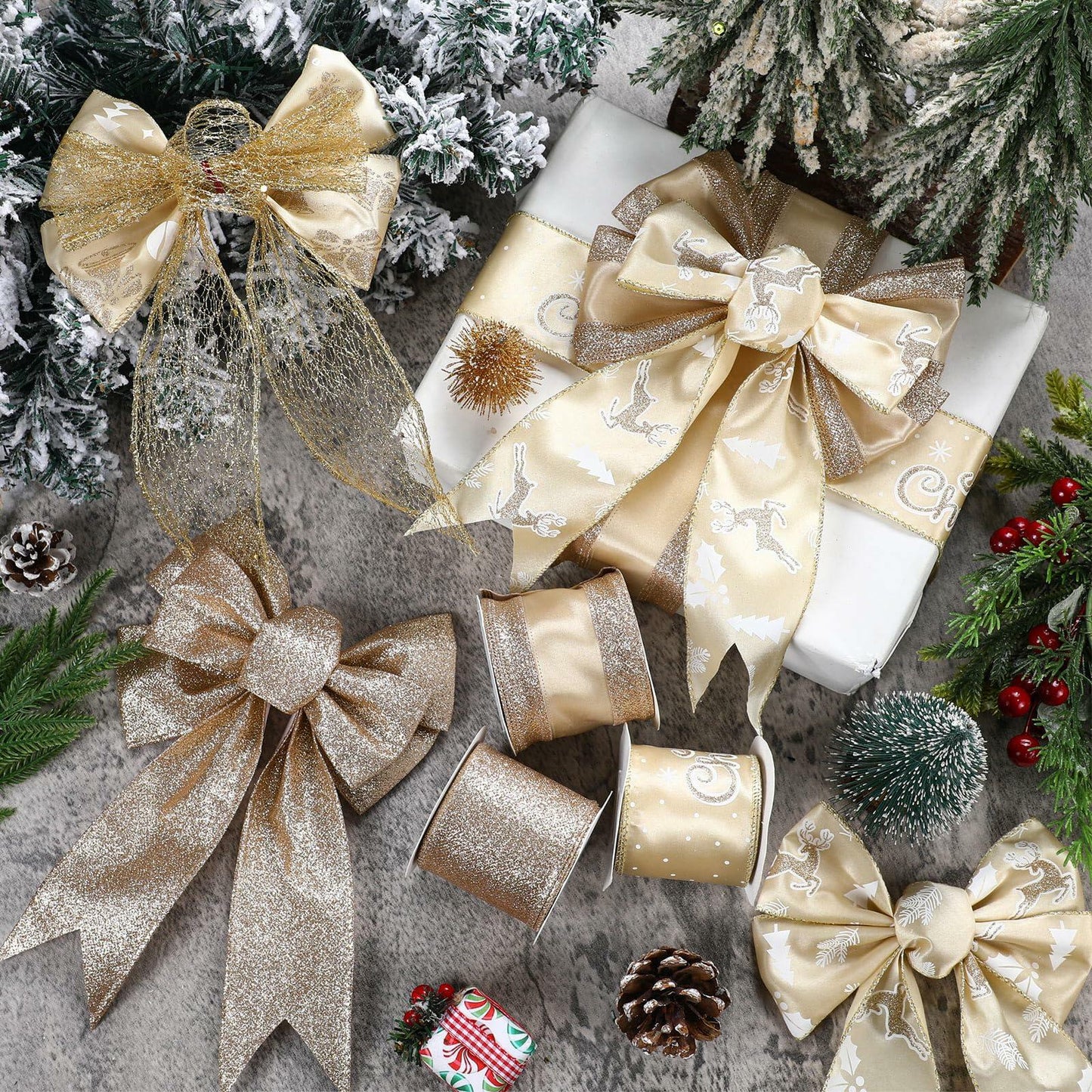 HunnmingRe Gold Wired Christmas Ribbon 2.5in 8 Rolls 48 Yards Xmas Decor