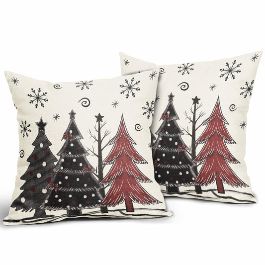 Christmas Pillow Covers Set of 2 18x18 Black Red Grey Xmas Tree Snowflakes