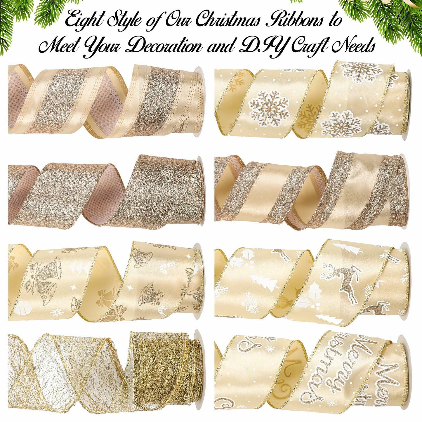 HunnmingRe Gold Wired Christmas Ribbon 2.5in 8 Rolls 48 Yards Xmas Decor