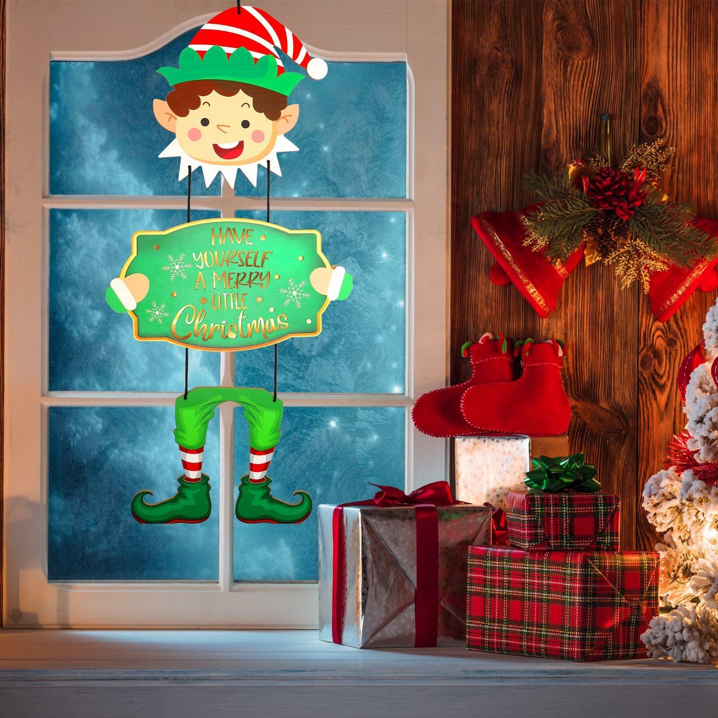 Elf Boys Hanging Sign with Lights Wooden Christmas Decor Indoor Outdoor